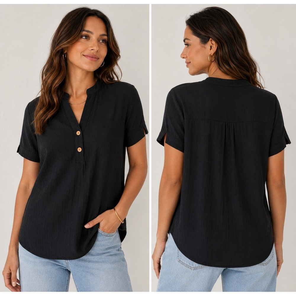 Unbranded Tunic Blouse Women Size L Black Short Sleeve Boho V-Neck Wood Button